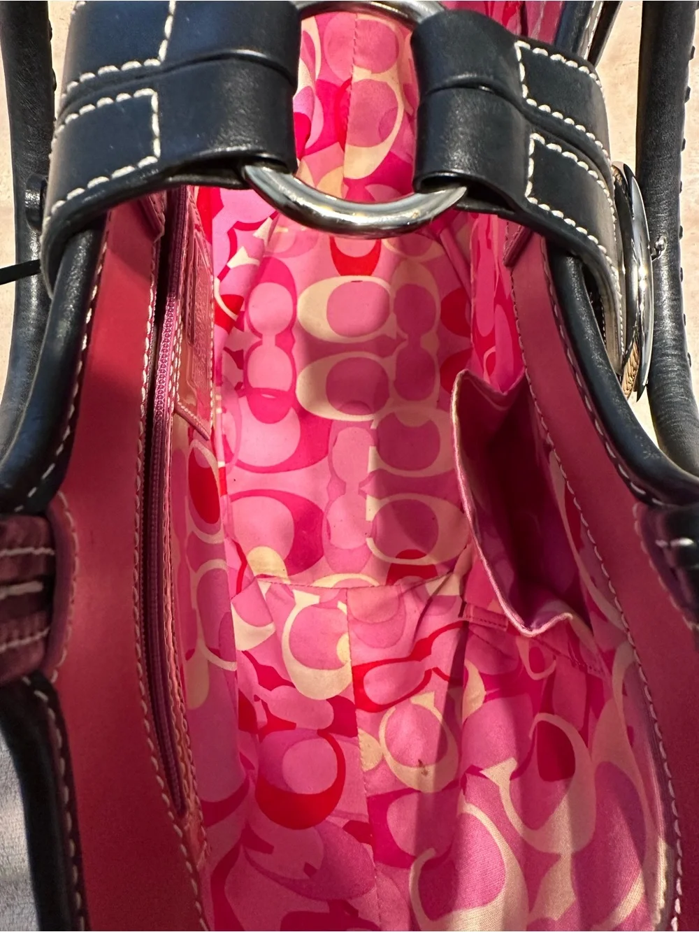 Coach SoHo Woven Straw Tote with Black Leather Trim and Pink Interior